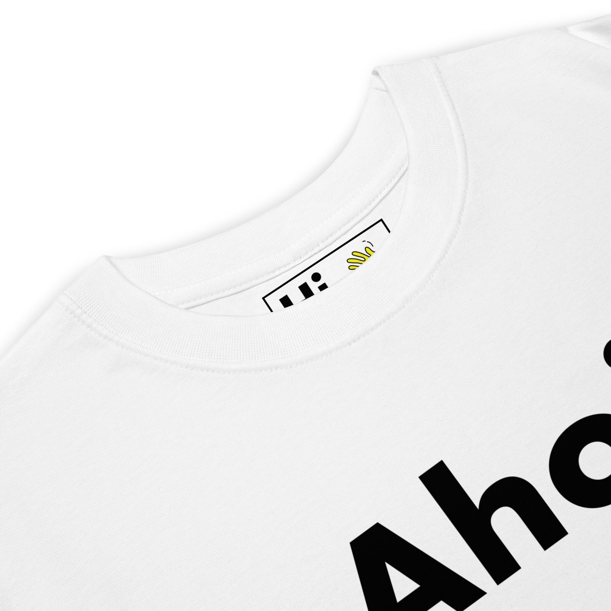 Hi Ahoj Czech Greeting T Shirt in white front detail, Ahoj is pronounced just like Ahoy