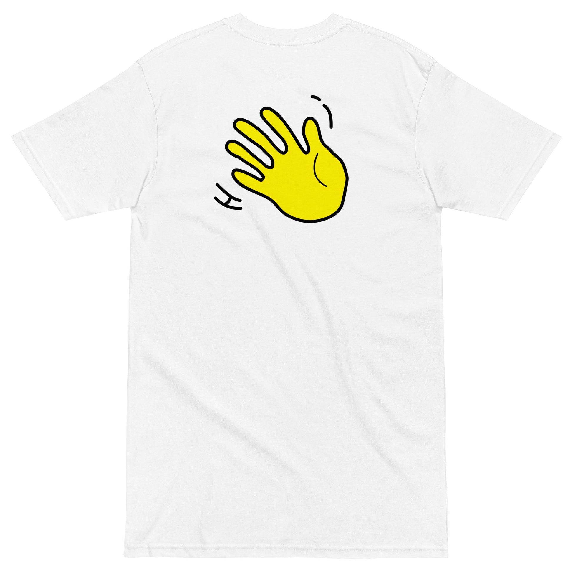 Hi Ayyyyyy Greet Tee in white with Hi waving hand emoji on back