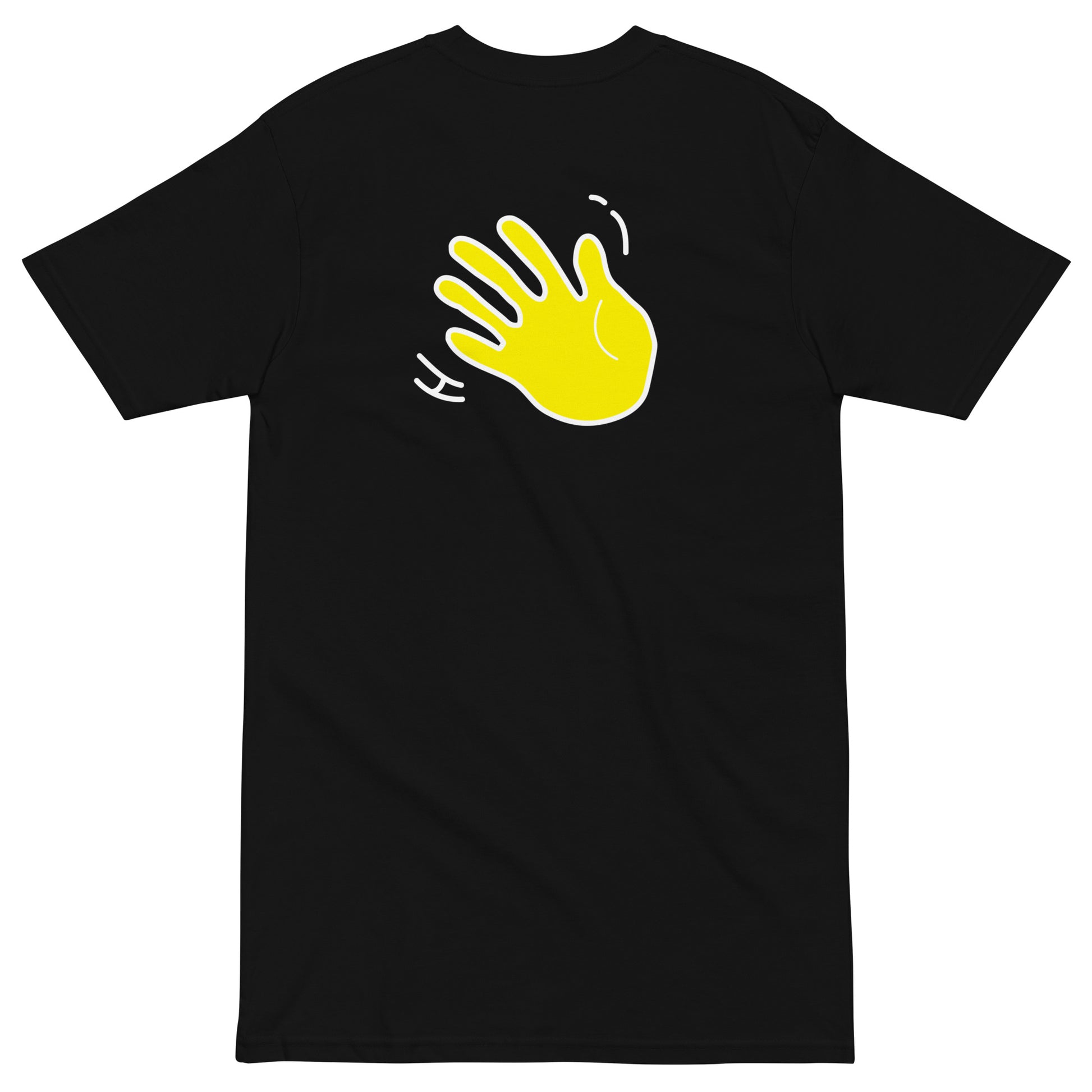 Hi Barev Armenian Greeting T Shirt in black back detail with waving hand emoji, Hi in Armenian "Բարեւ" is pronounced "Barev"