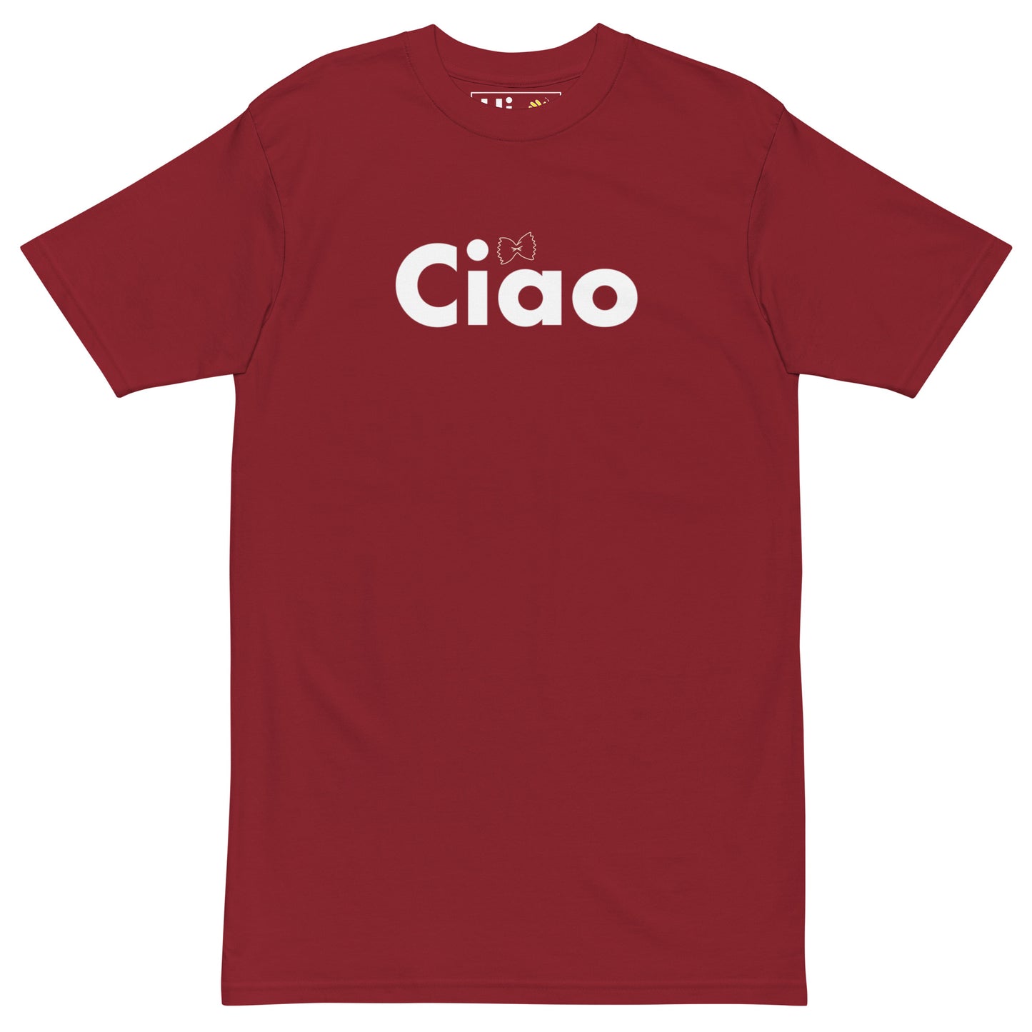 Hi Ciao Italian Greeting t shirt in red with farfalle noodle