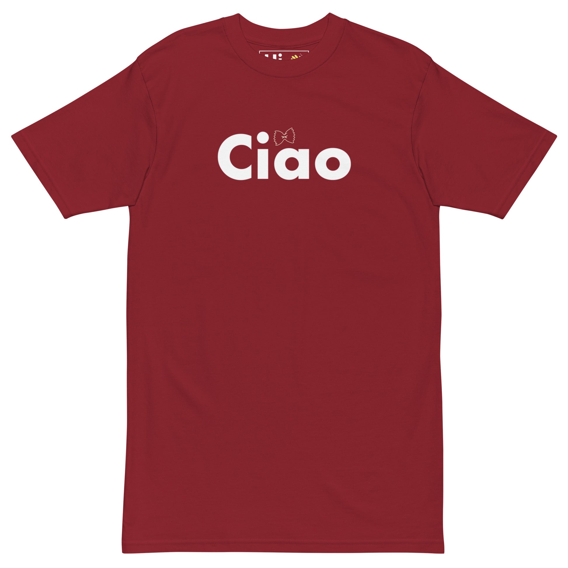 Hi Ciao Italian Greeting t shirt in red with farfalle noodle
