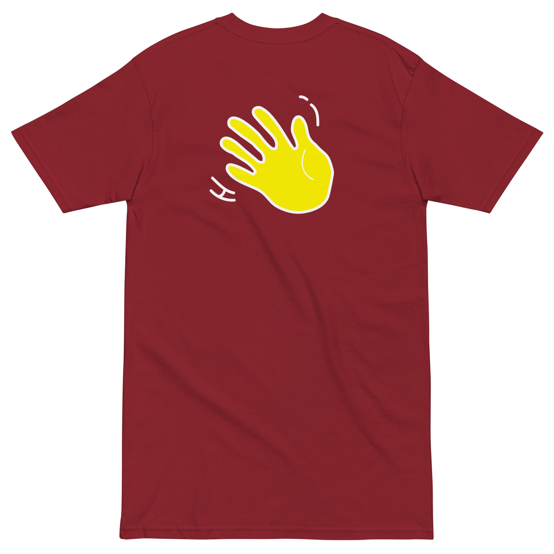Hi Ciao Italian Greeting t shirt in red with farfalle noodle back with Hi waving hand emoji