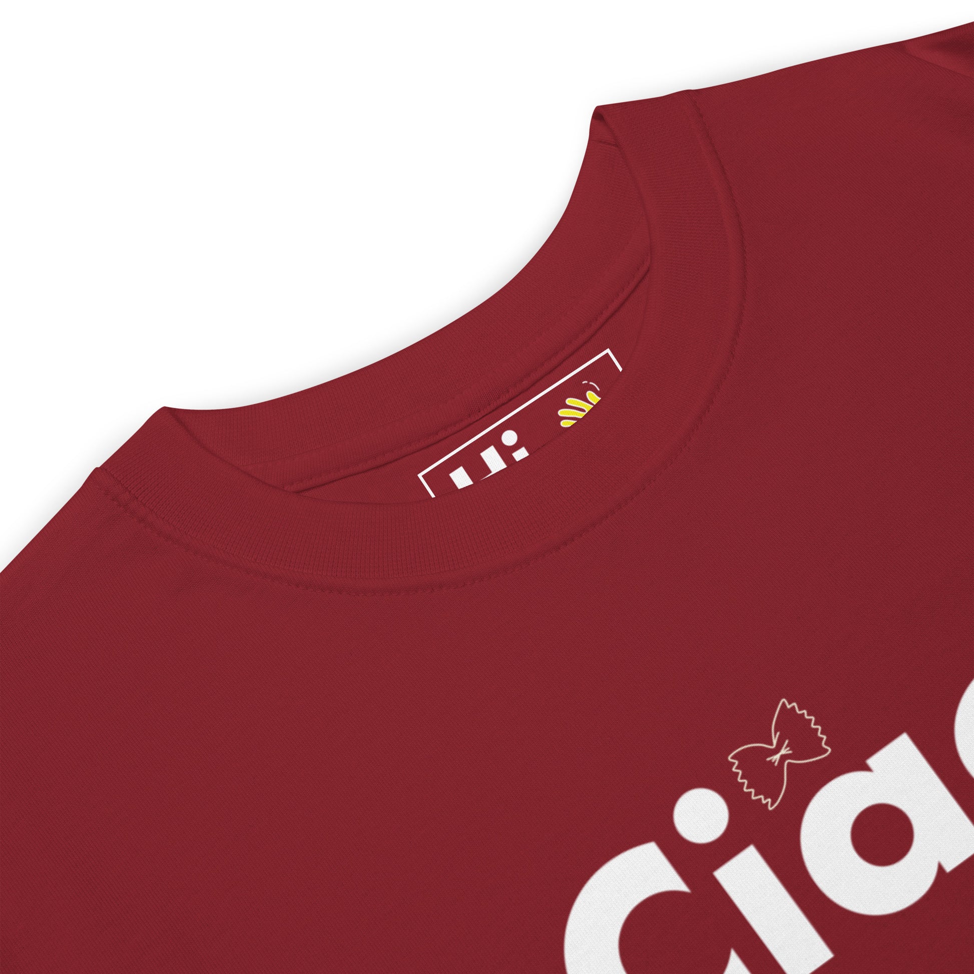 Hi Ciao Italian Greeting t shirt in red with farfalle noodle front