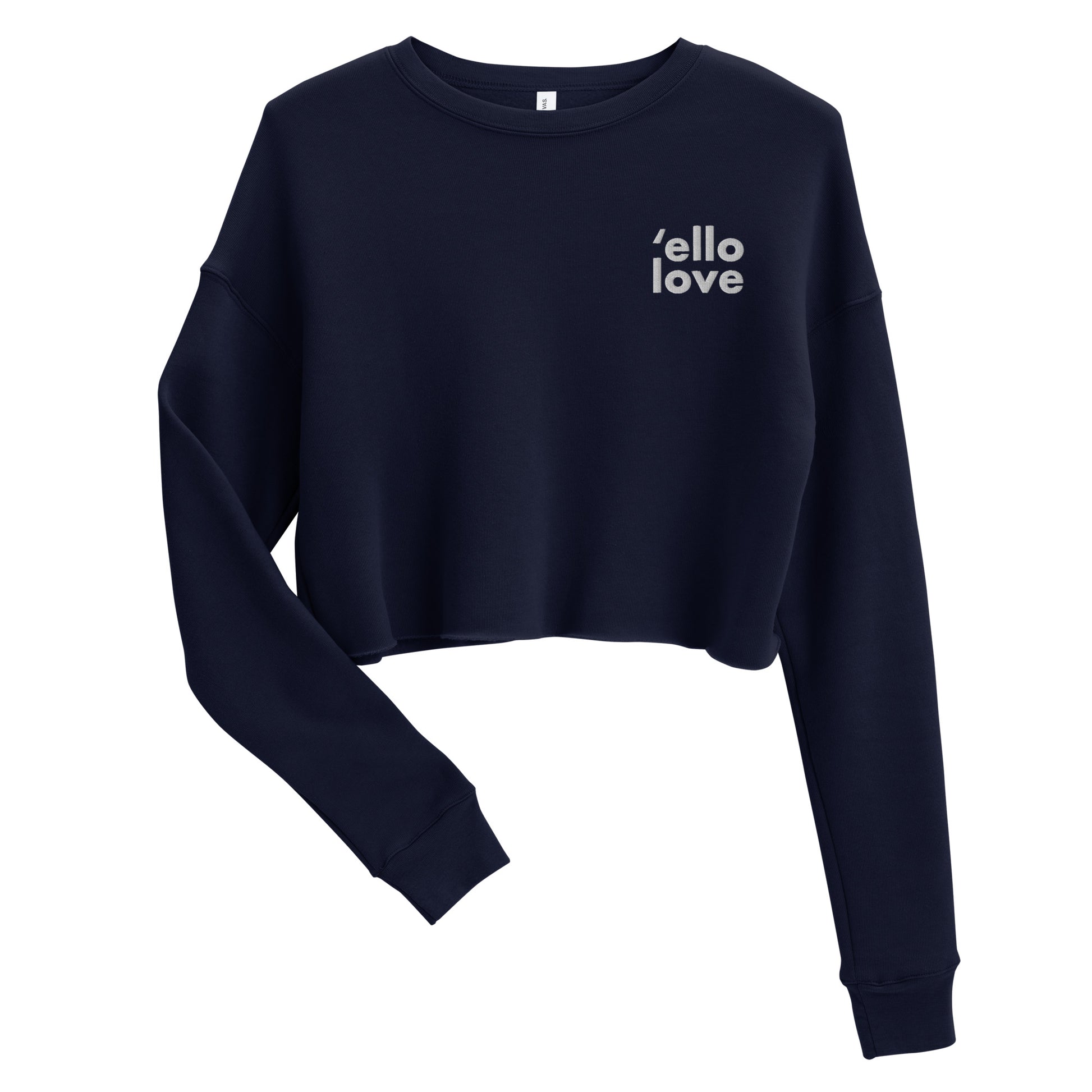 Hi Cropped Sweatshirt from Happy interactions in Navy  'ello love — Greeting in British English