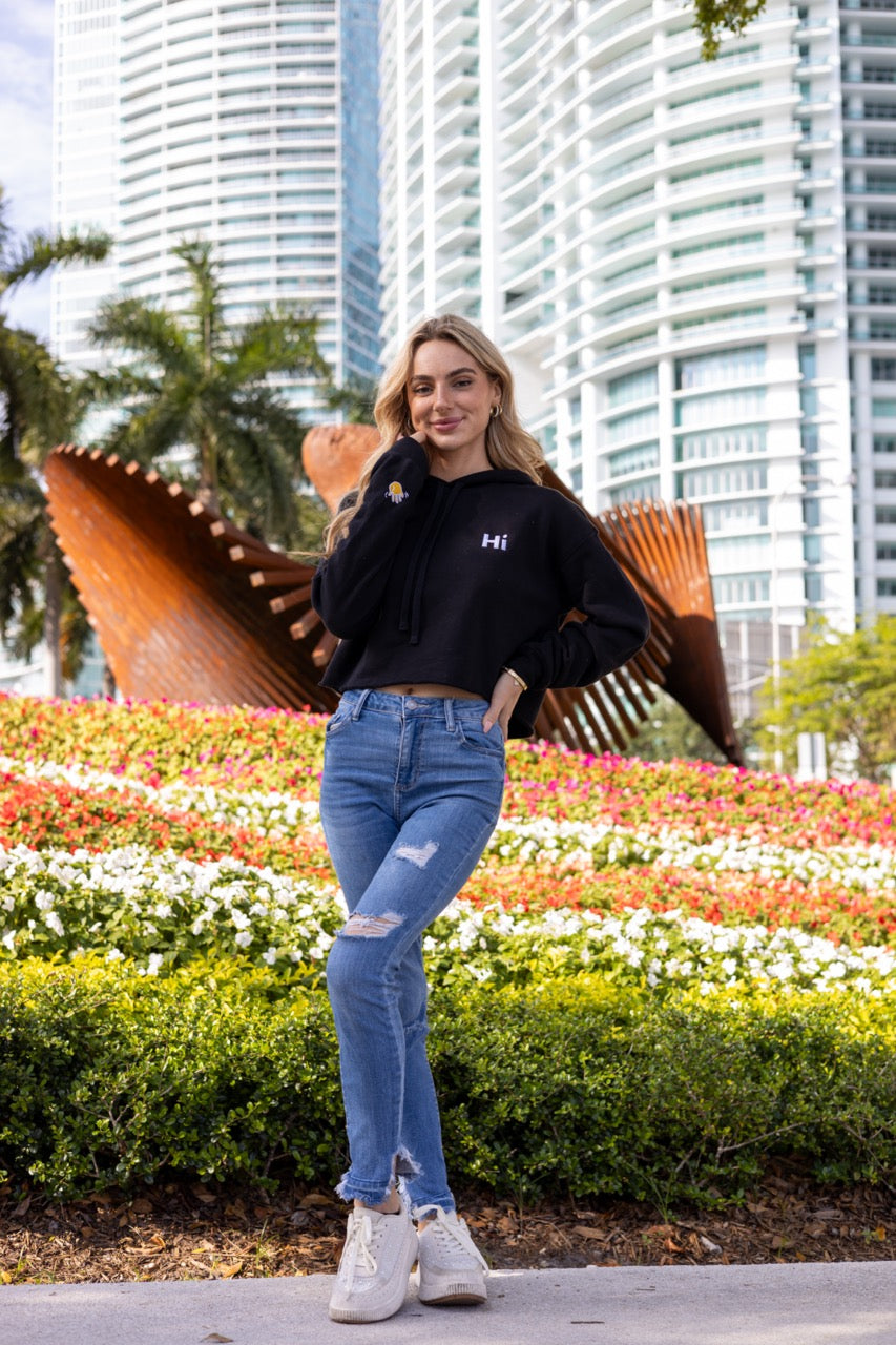 Hi 👋 Embroidered Cropped Hoodie in black modeled by Kara Gault photo by Johnny Michael for Happy interactions