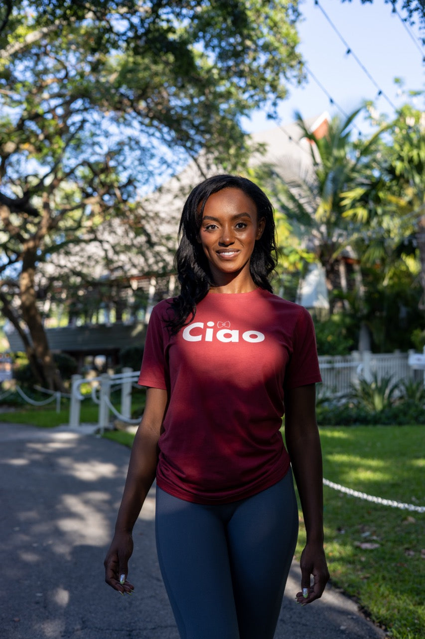 Hi Ciao red shirt with Alyssa Ferguson in Coconut Grove, Miami Florida