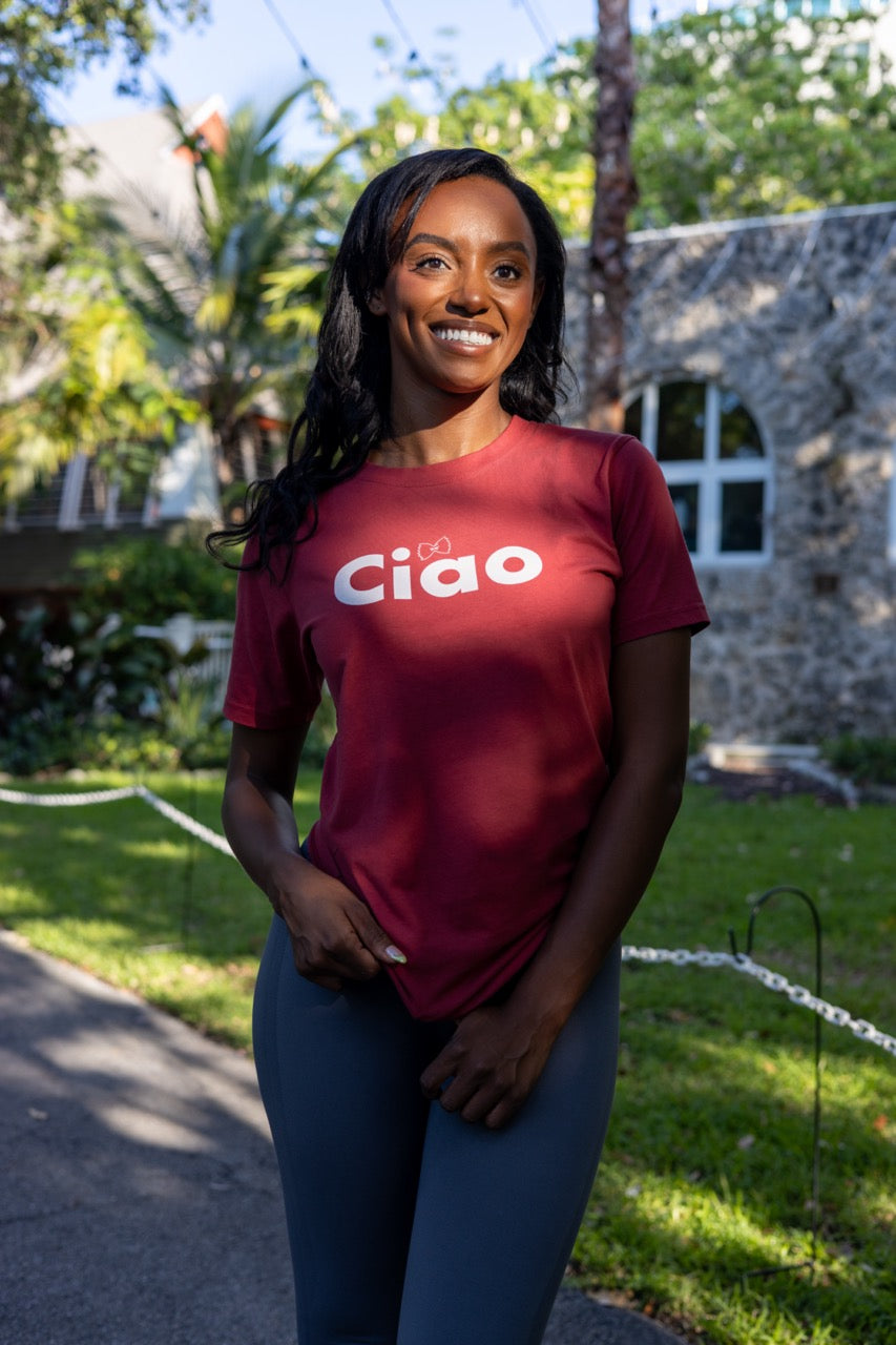 Hi Ciao red shirt with Alyssa Ferguson at the Historic women's club in Coconut Grove, Miami Florida