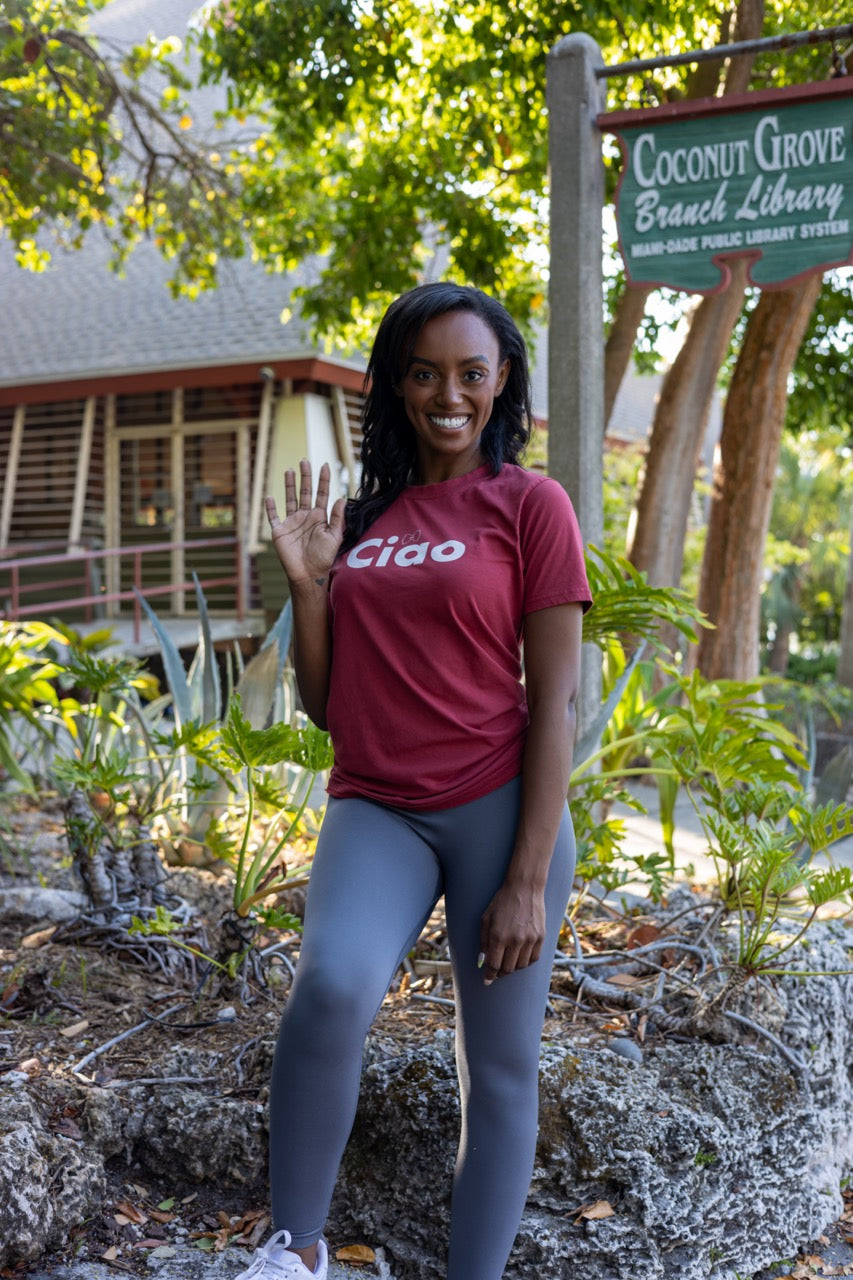Hi Ciao red shirt with Alyssa Ferguson at the Historic library in Coconut Grove, Miami Florida