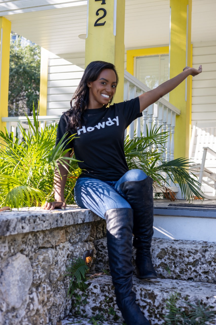 Hi Howdy USA Greeting T shirt in black, modeled by Alyssa Ferguson photographed by Johnny Michael in Coconut Grove
