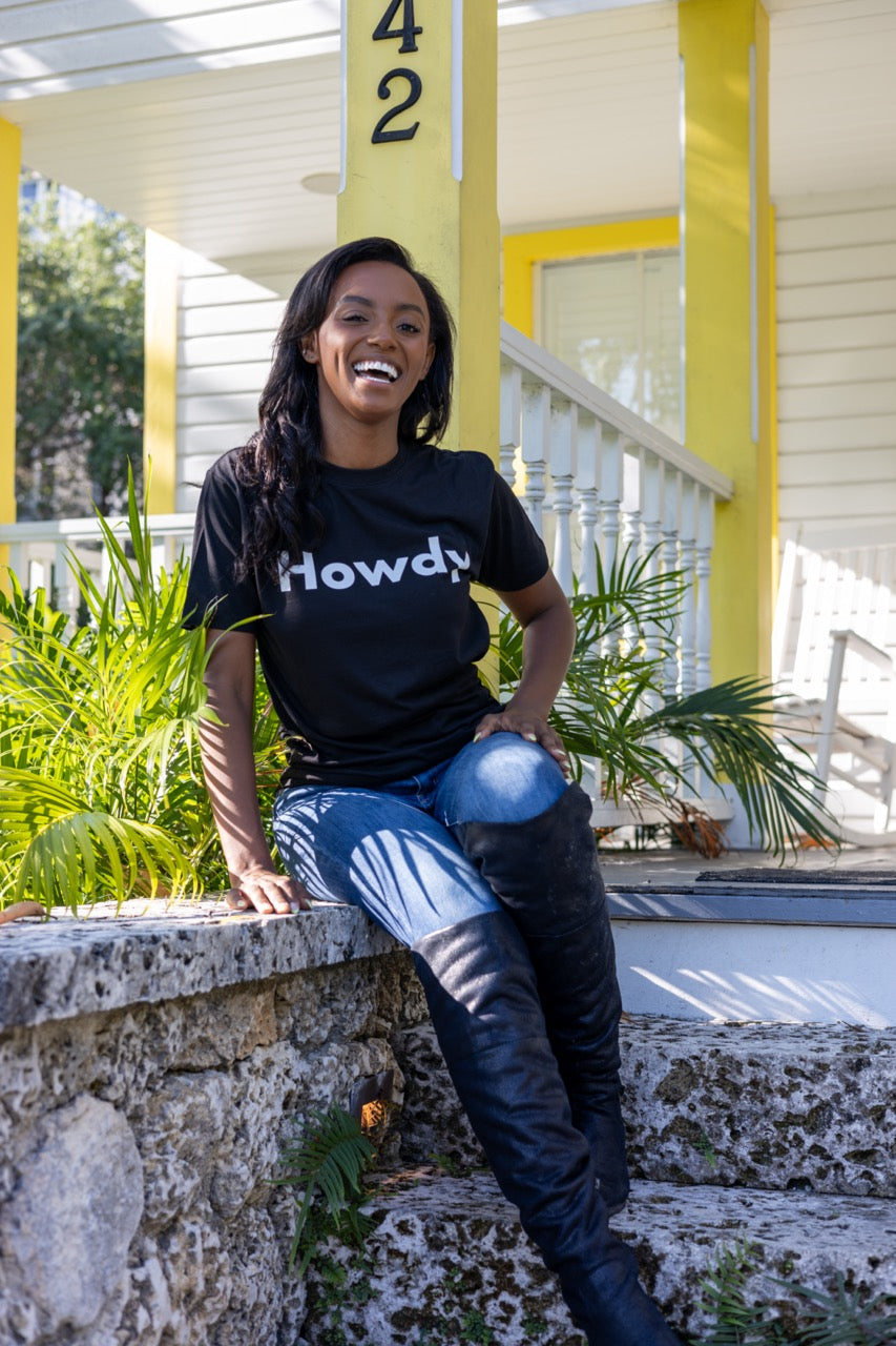 Hi Howdy USA Greeting T shirt in black, modeled by Alyssa Ferguson photographed by Johnny Michael in Coconut Grove