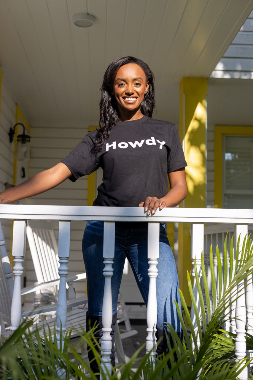 Hi Howdy USA Greeting T shirt in black, modeled by Alyssa Ferguson photographed by Johnny Michael in Coconut Grove