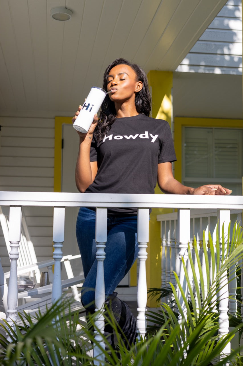 Hi Howdy USA Greeting T shirt in black, modeled by Alyssa Ferguson photographed by Johnny Michael in Coconut Grove