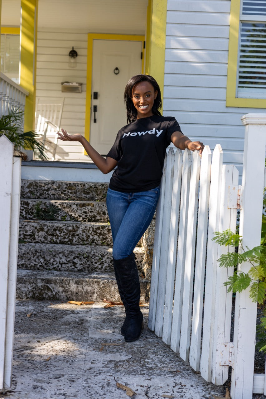 Hi Howdy USA Greeting T shirt in black, modeled by Alyssa Ferguson photographed by Johnny Michael in Coconut Grove
