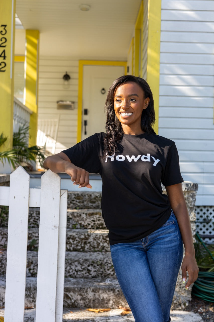 Hi Howdy USA Greeting T shirt in black, modeled by Alyssa Ferguson photographed by Johnny Michael in Coconut Grove