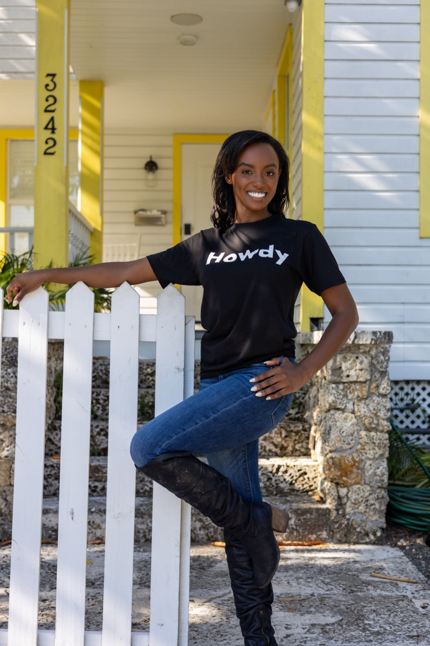 Hi Howdy USA Greeting T shirt in black, modeled by Alyssa Ferguson photographed by Johnny Michael in Coconut Grove