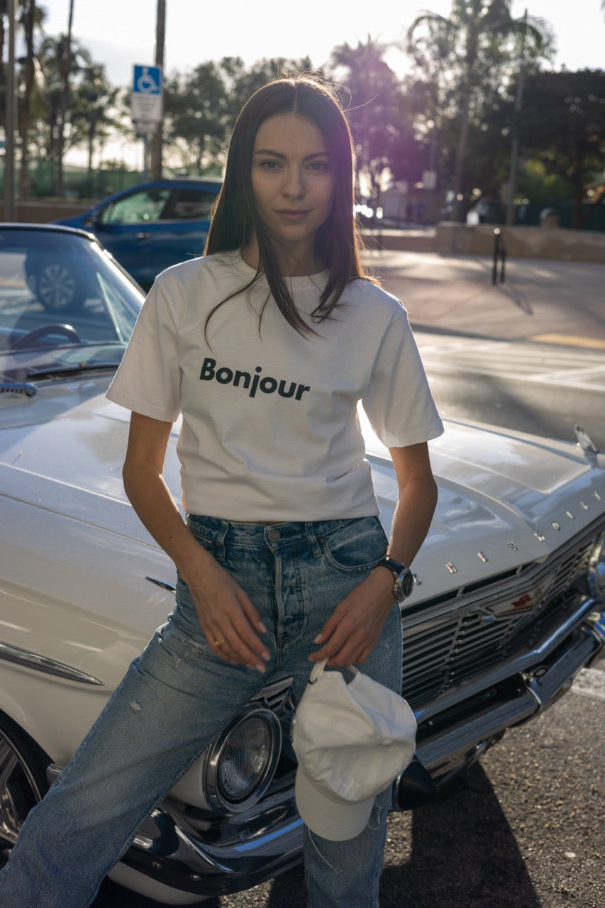 Hi Bonjour French Greeting t shirt in white modeled by Anastasia Ponomar in Edgewater, Miami Florida