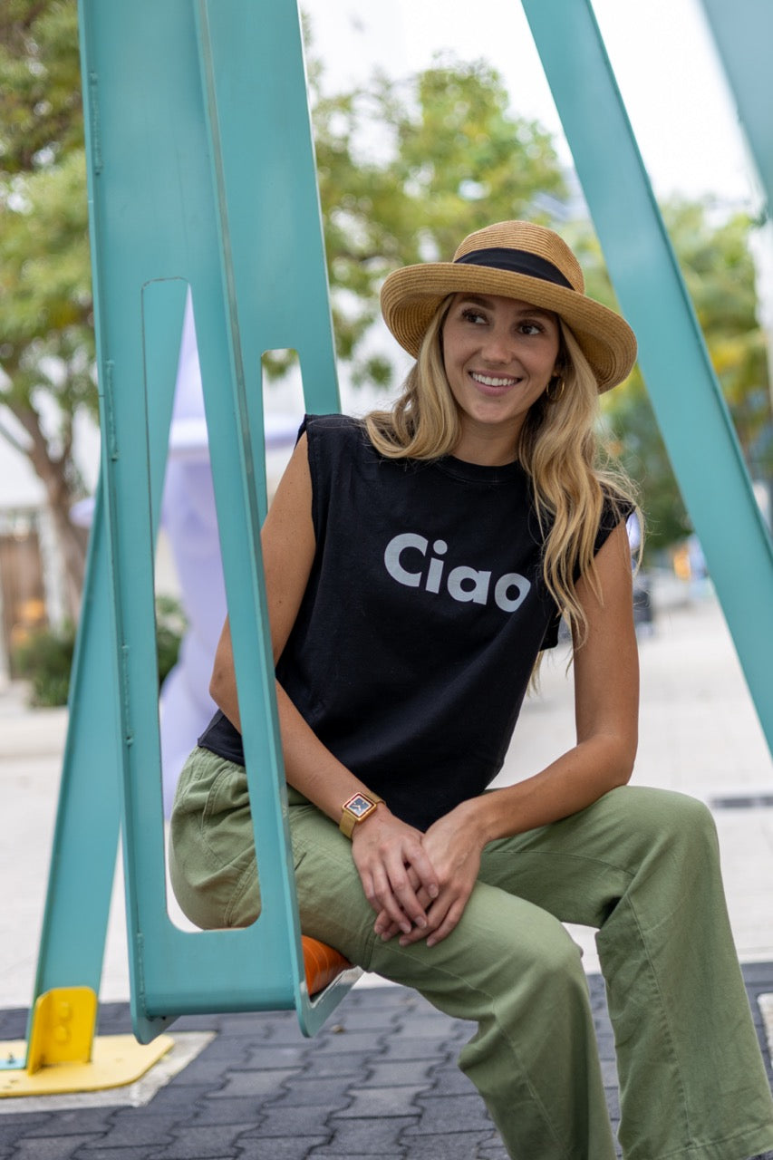 Alia Buoniello models the Hi Ciao Italian Greet Tee by Happy interactions in Black at the Miami Design District