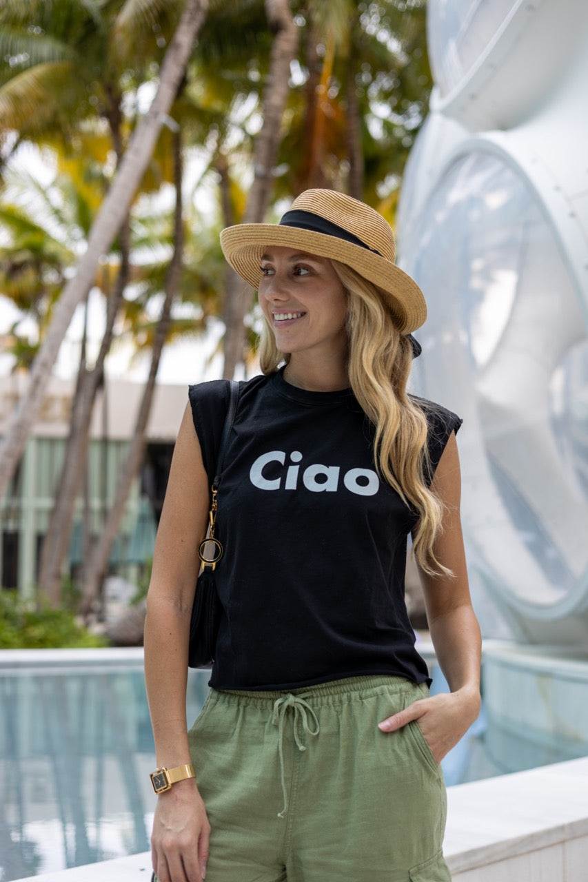 Alia Buoniello models the Hi Ciao Italian Greet Tee by Happy interactions in Black at the Miami Design District