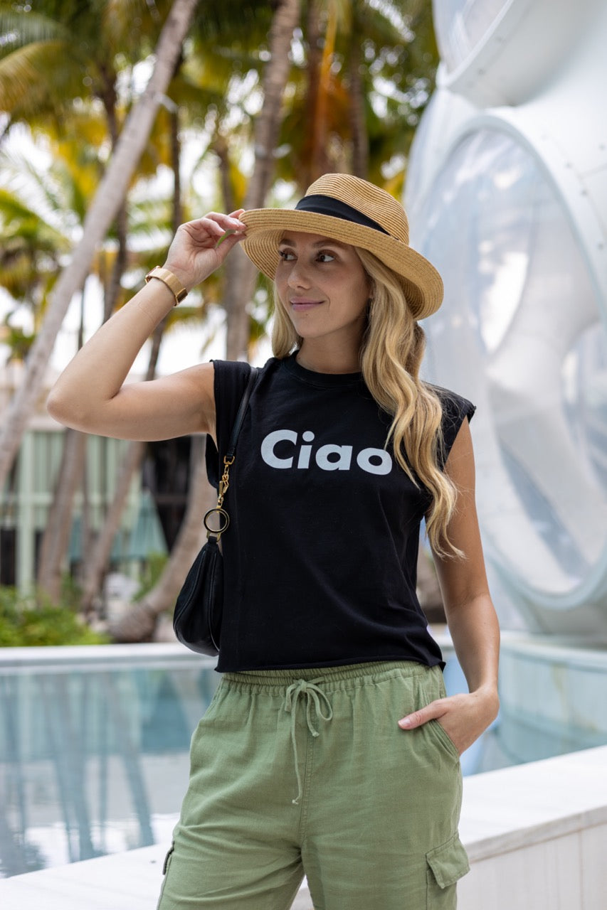 Alia Buoniello models the Hi Ciao Italian Greet Tee by Happy interactions in Black at the Miami Design District