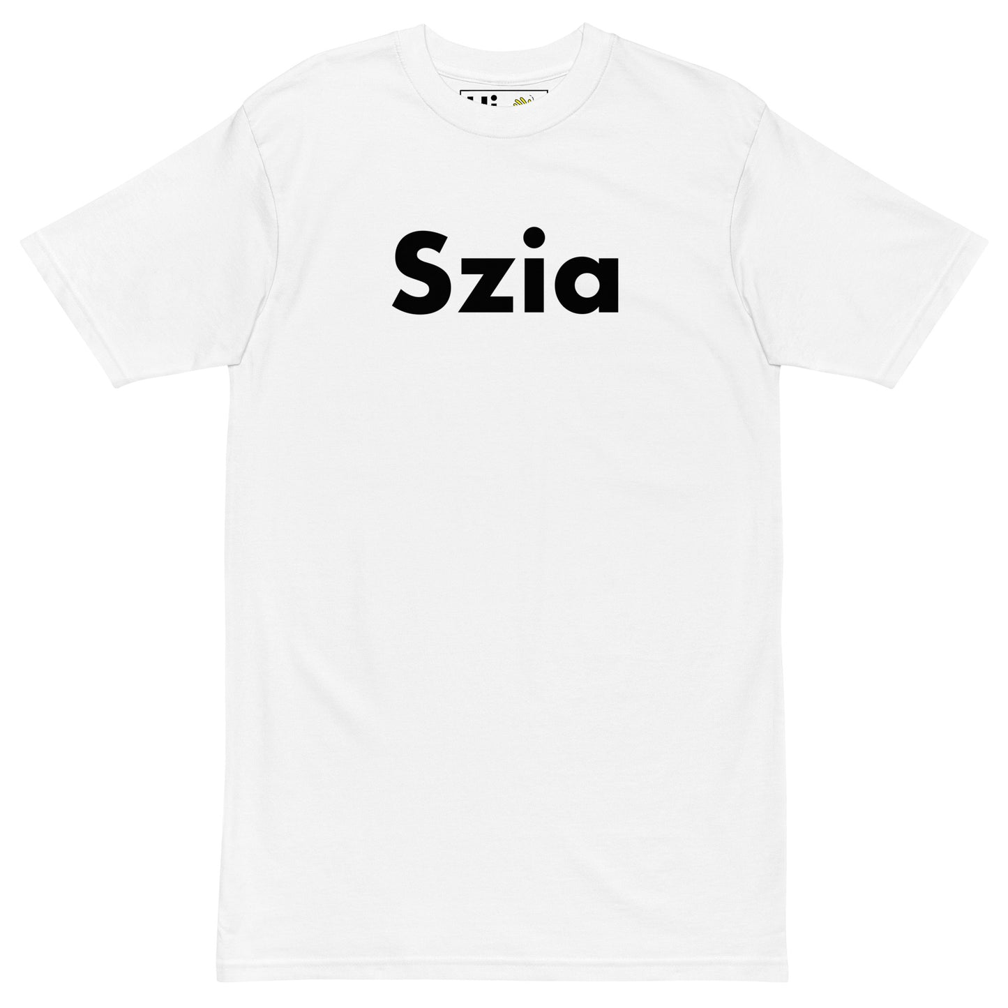 Hi Happy interactions Tee Shirt featuring the Hungarian greeting to say Hi Szia in white