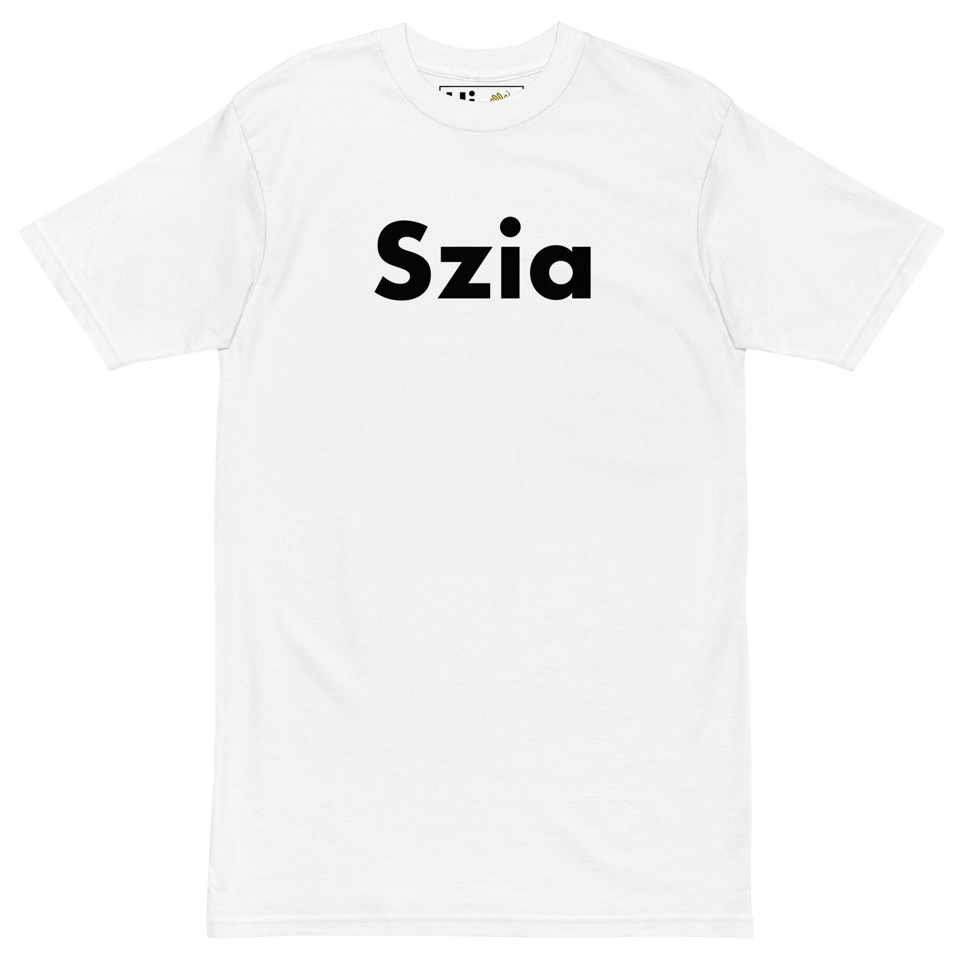 Hi Happy interactions Tee Shirt featuring the Hungarian greeting to say Hi Szia in white