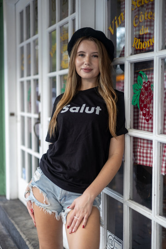 Alexandria LaChapelle models the Salut French Greet Tee Shirt for Happy interactions in black
