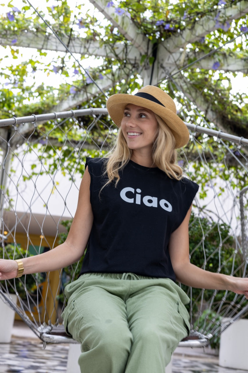 Alia Buoniello models the Hi Ciao Italian Greet Tee by Happy interactions in Black at the Miami Design District