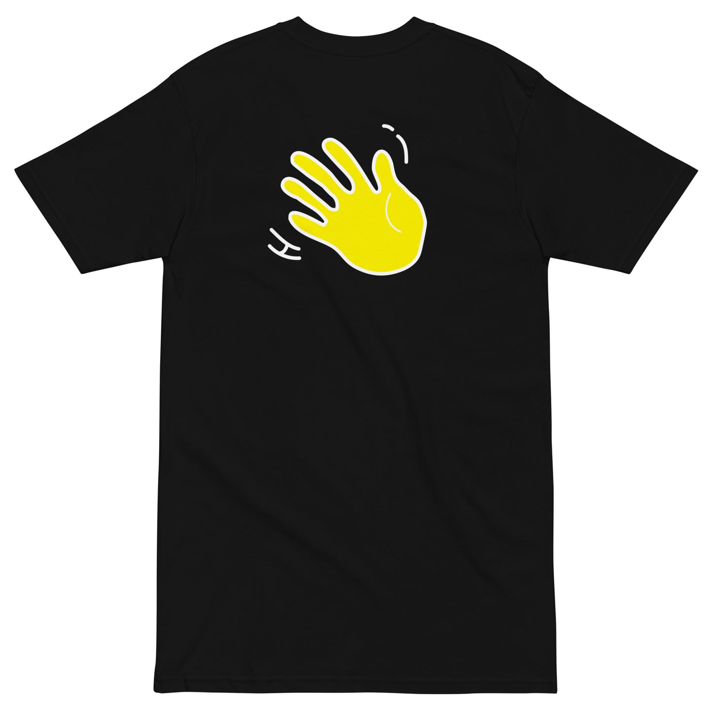 Hi Hej Danish Greeting T Shirt in black back with Hi waving hand emoji