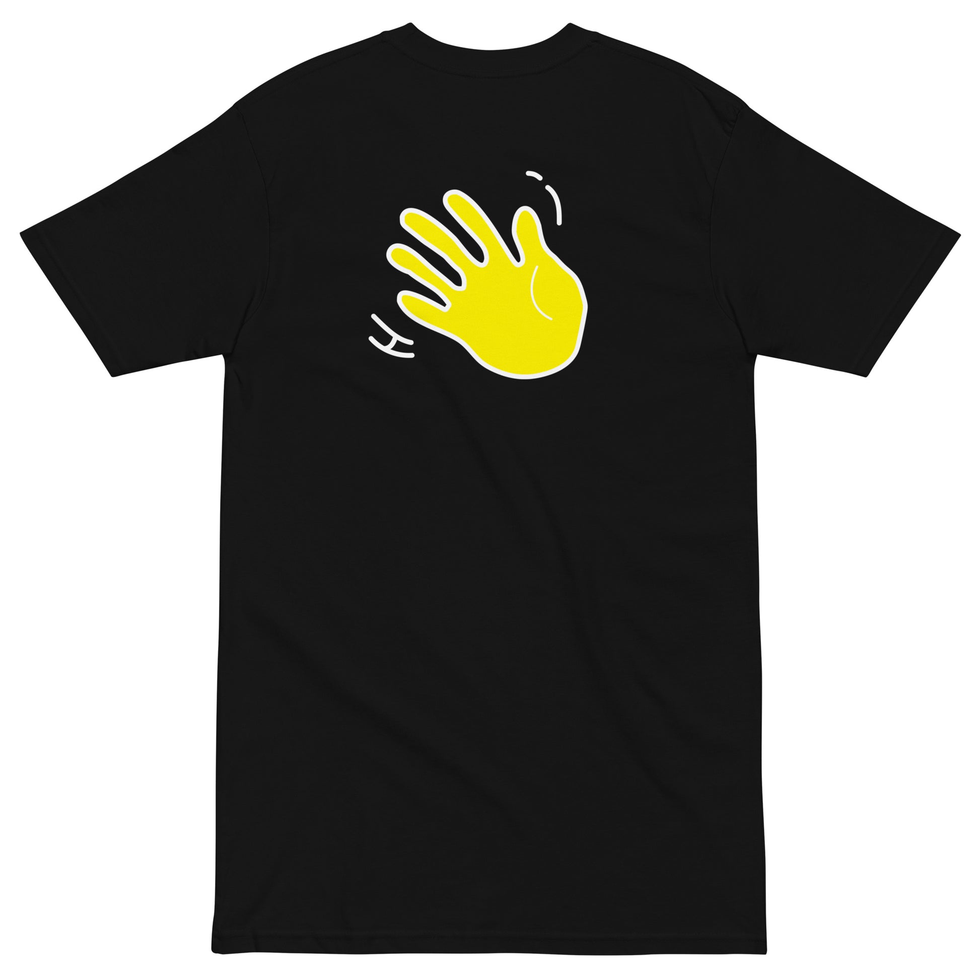 Hi Hej Danish Greeting T Shirt in black back with Hi waving hand emoji