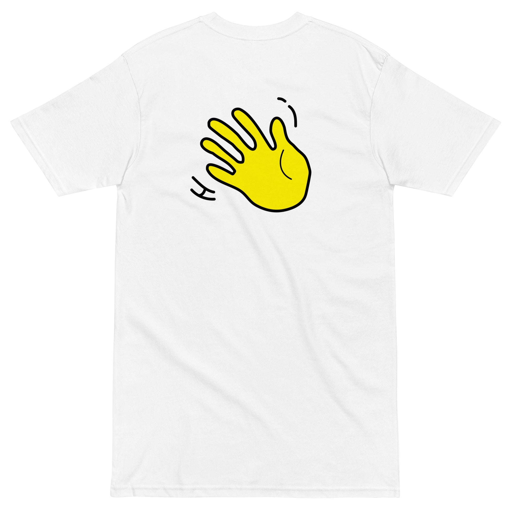 Hi Hej Hej Danish Greeting T shirt in white back with Hi waving hand emoji