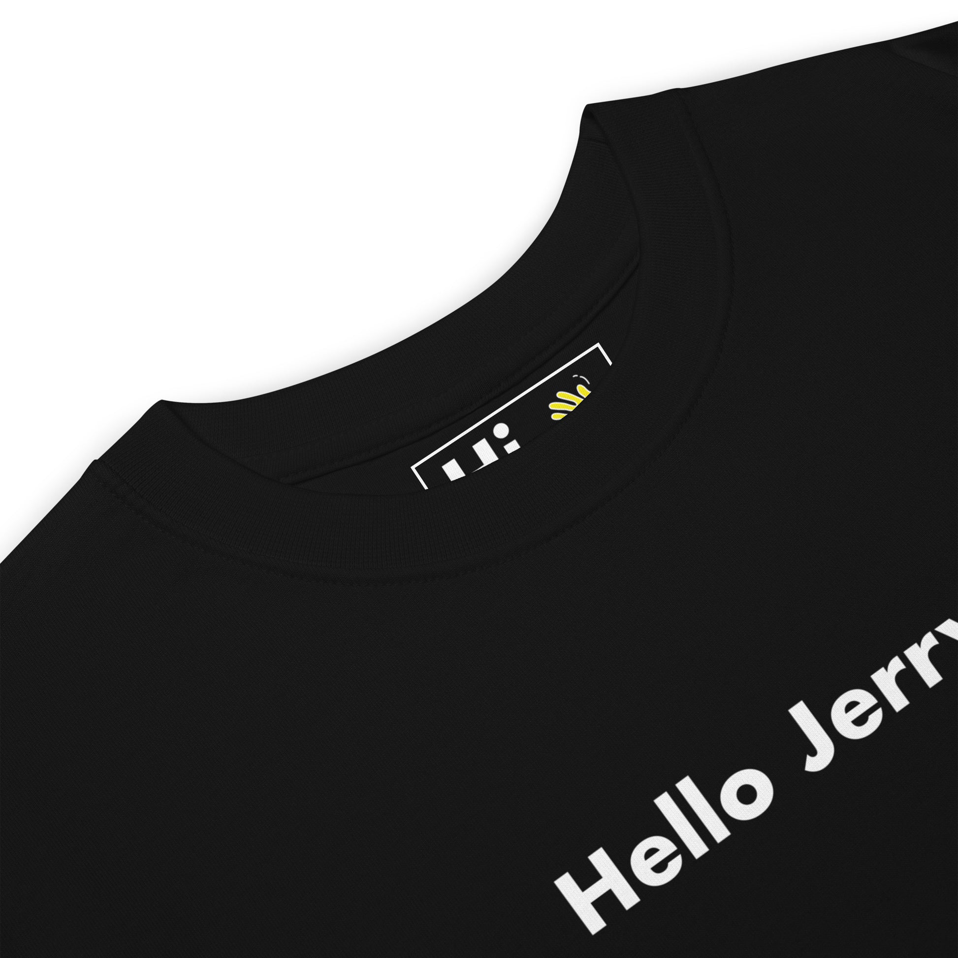 Hi Hello Jerry Seinfeld Greet Tee in black front detail
