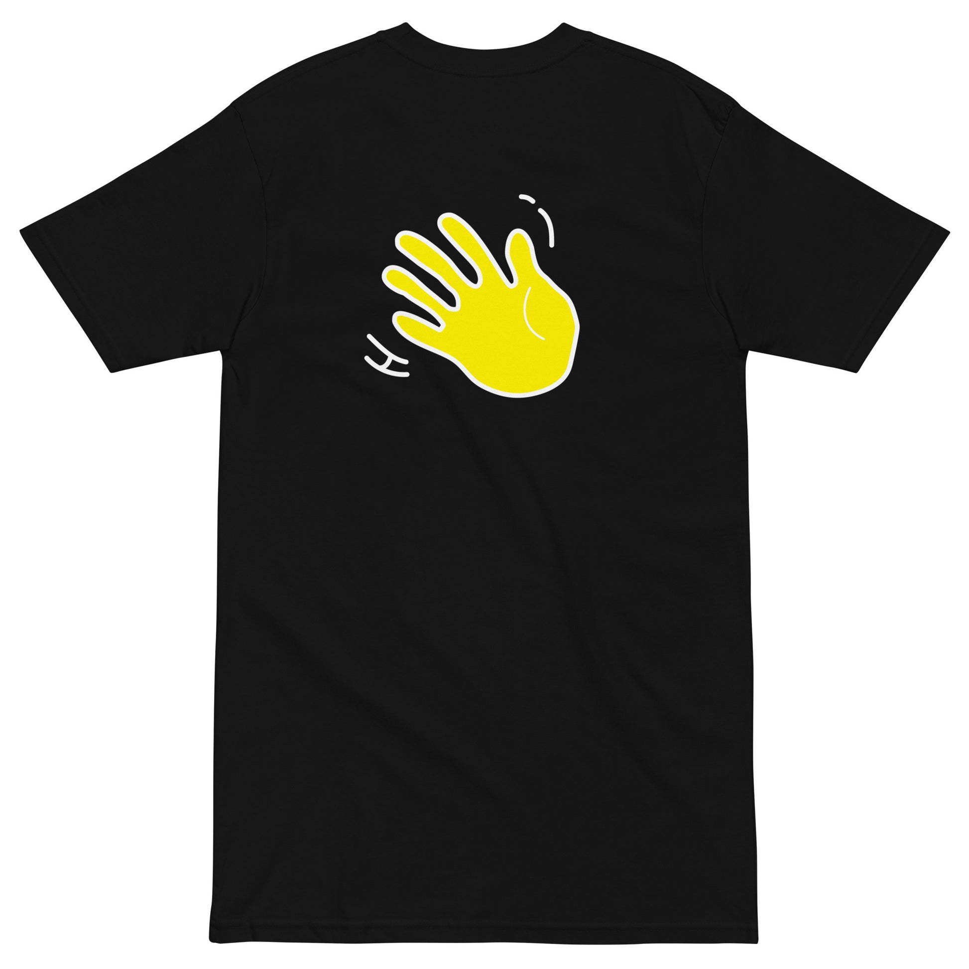 Hi Hello down there Funny Greeting T shirt in black back detail with Hi waving hand emoji
