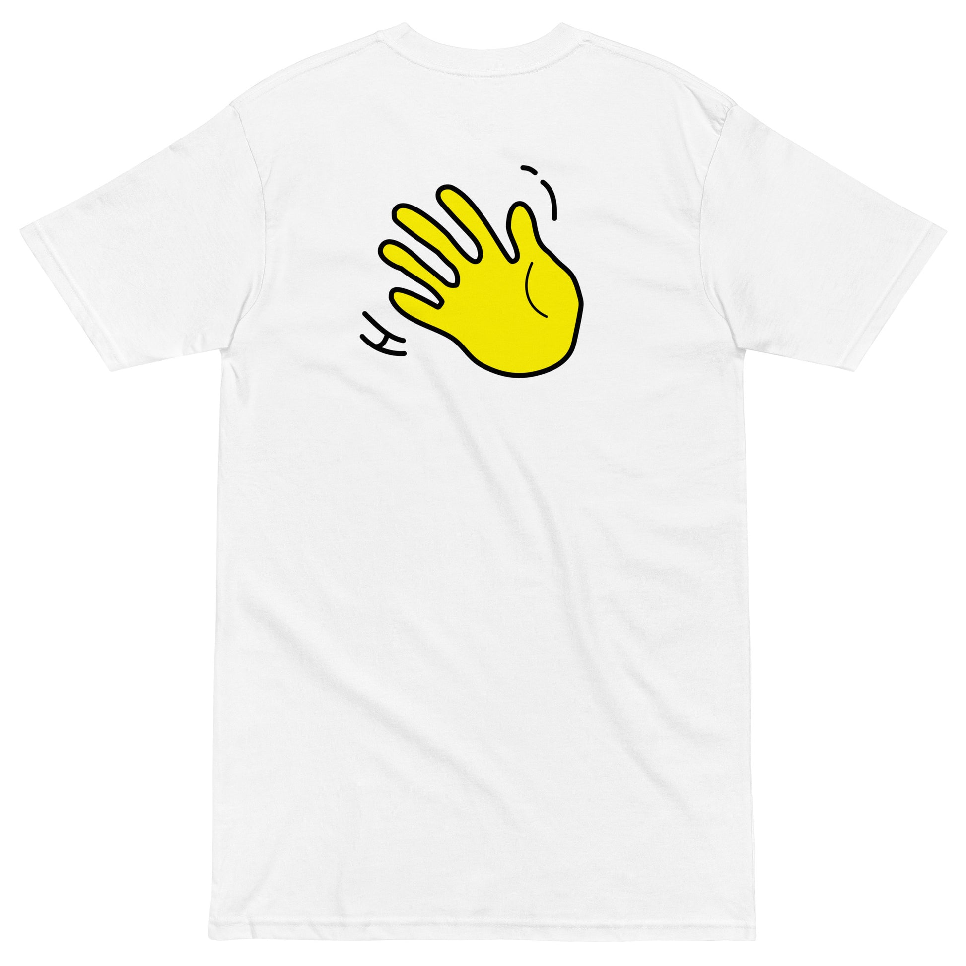 Hi Hey Friendly Greeting T shirt in white back with Hi waving hand emoji