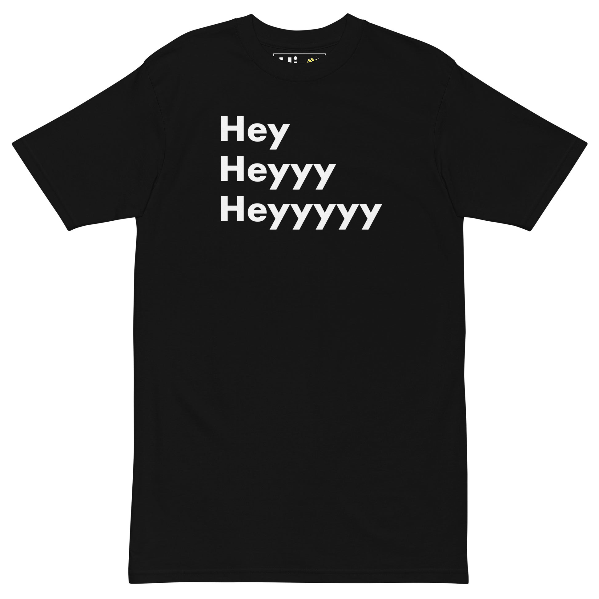 Hi Hey Heyyy Heyyyyy American Greeting T Shirt in black, front