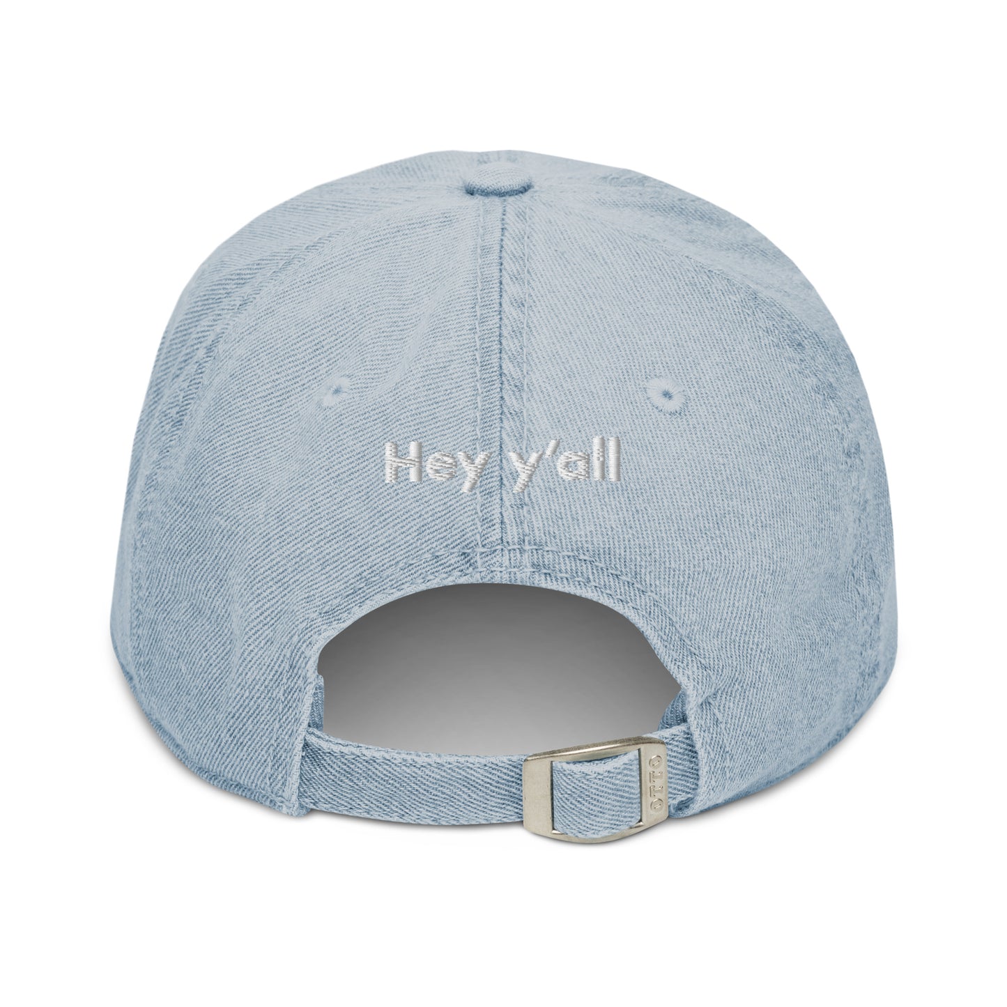 Hi Hey y'all Denim Hat, back light blue, Hi on front, Hey y'all on back, Hi waving hand emoji on back