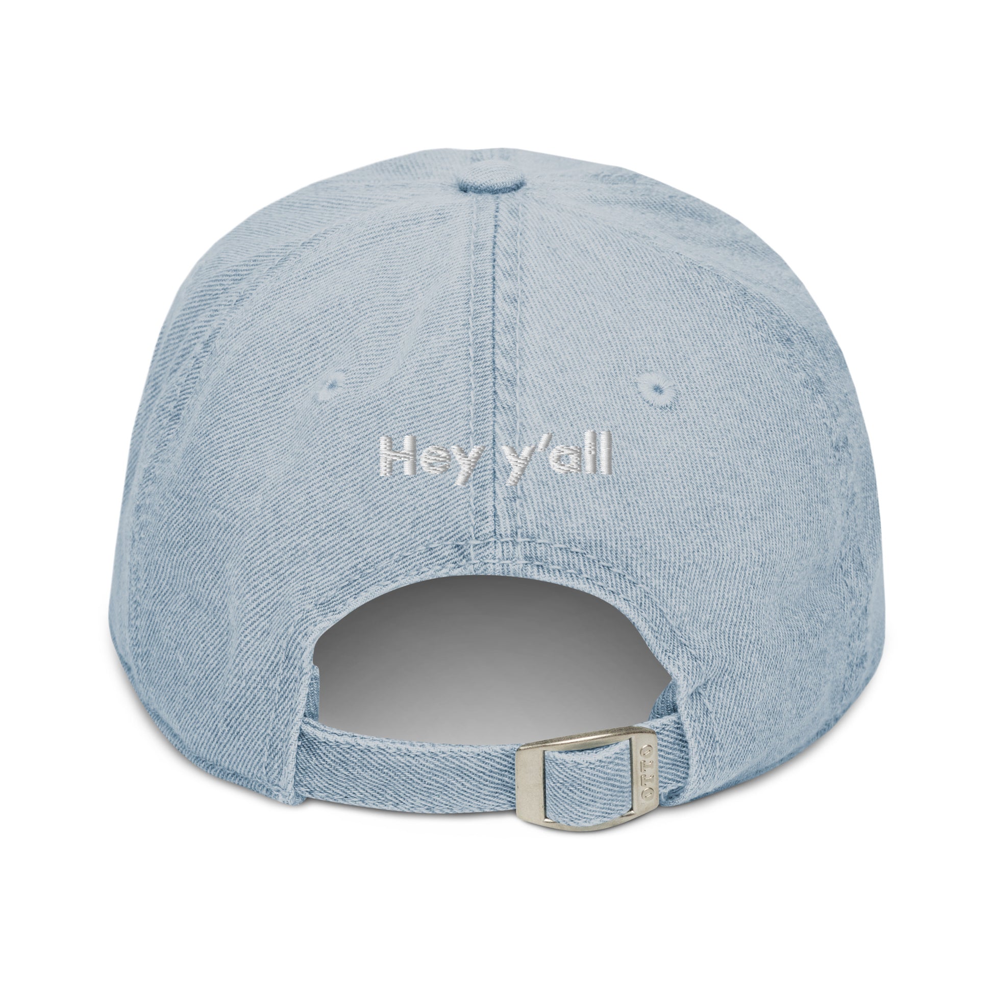 Hi Hey y'all Denim Hat, back light blue, Hi on front, Hey y'all on back, Hi waving hand emoji on back