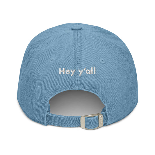 Hi Hey y'all Denim Hat, blue back, Hi on front, Hey y'all on back, Hi waving hand emoji on back