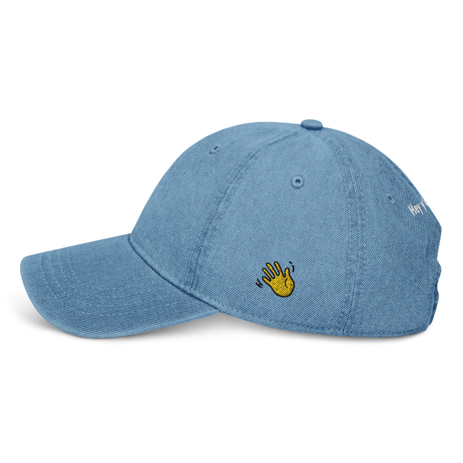 Hi Hey y'all Denim Hat, left side, Hi on front, Hey y'all on back, Hi waving hand emoji on back