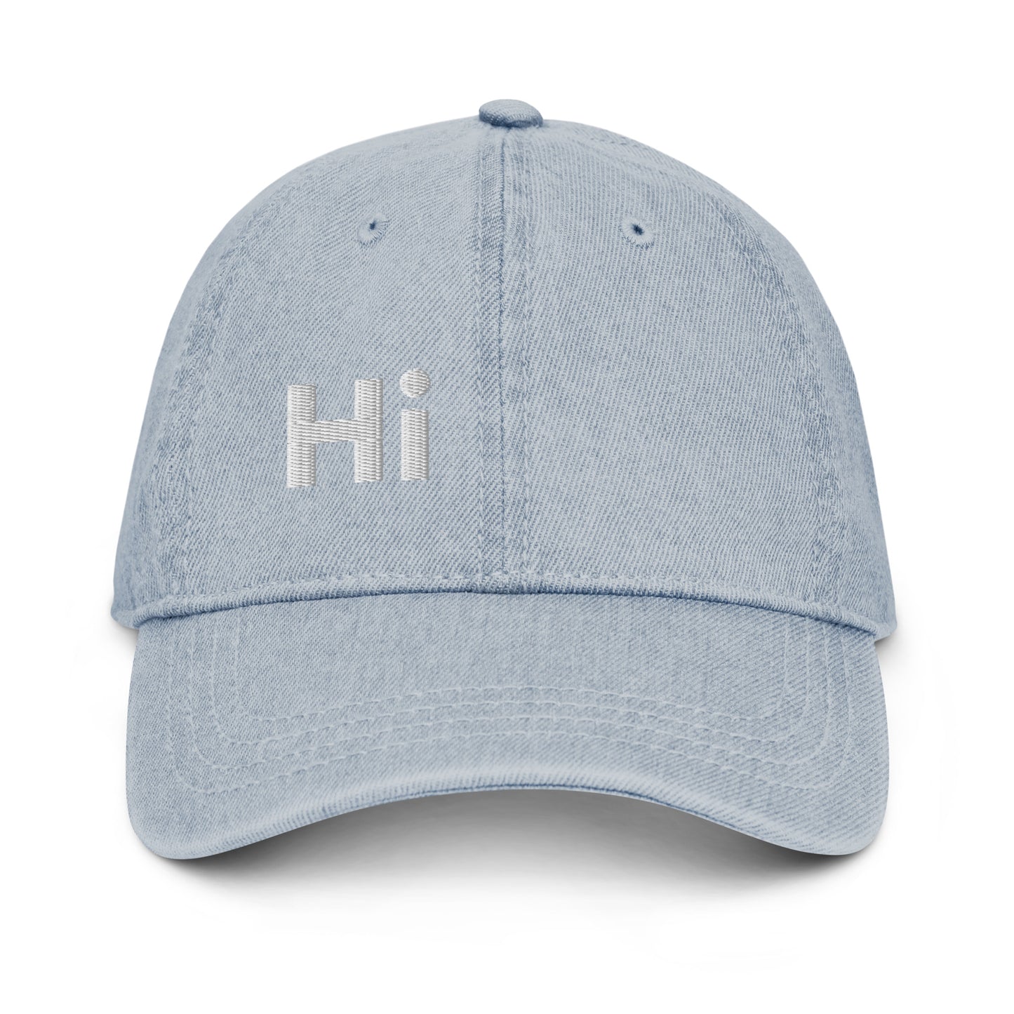Hi Hey y'all Denim Hat, front light blue, Hi on front, Hey y'all on back, Hi waving hand emoji on back