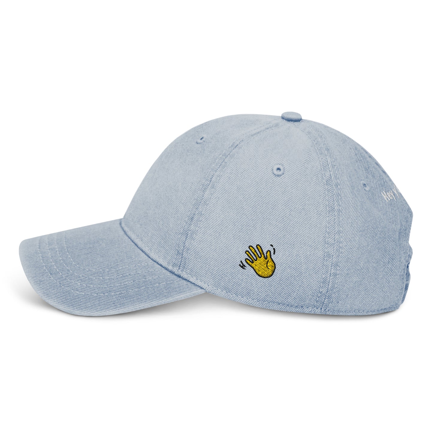Hi Hey y'all Denim Hat, left side, Hi on front, Hey y'all on back, Hi waving hand emoji on back
