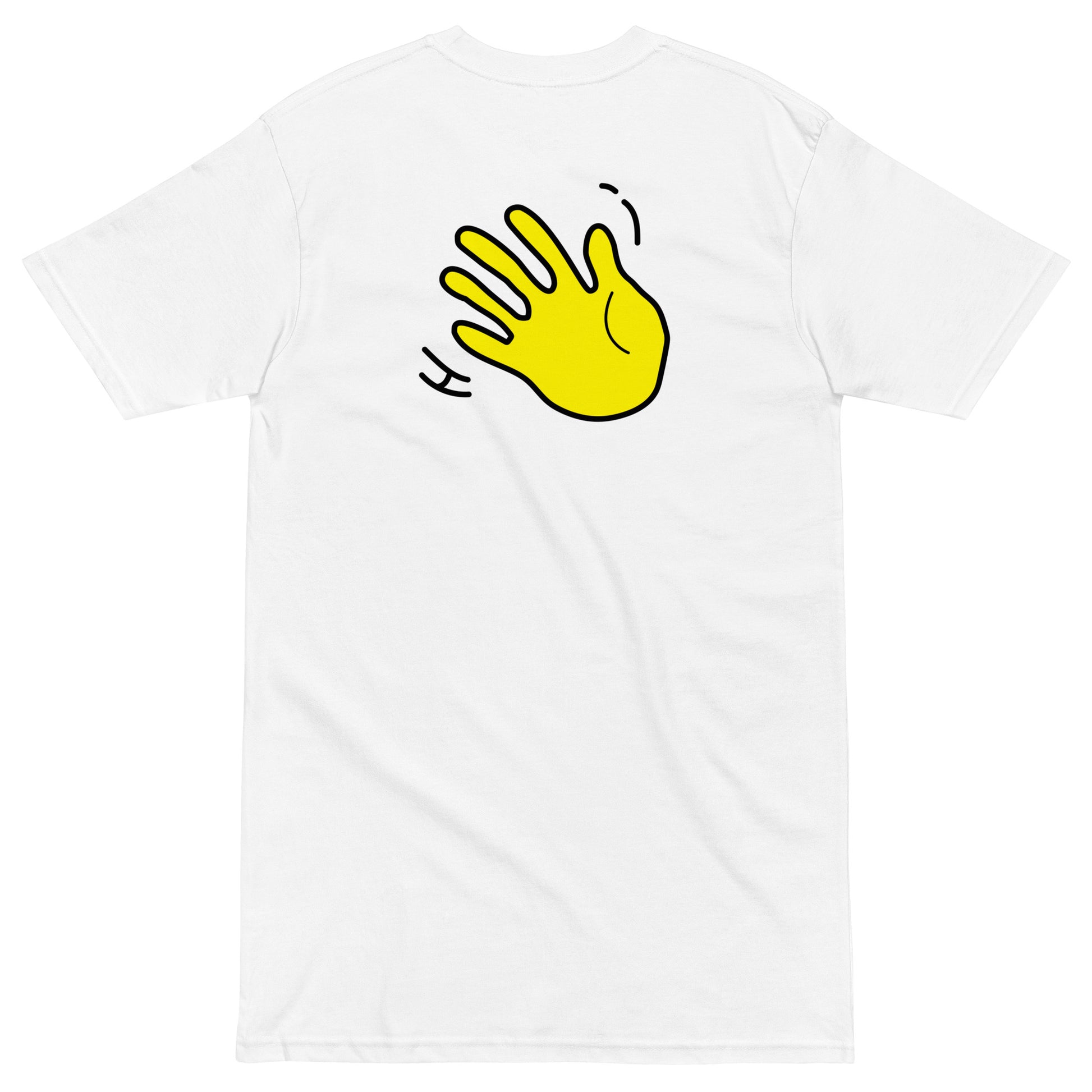 Hi Hidey Ho friendly greeting t shirt in white back with Hi waving hand emoji