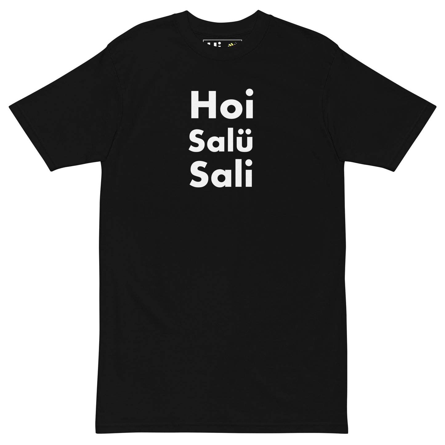 Hi Hoi Salü Sali Swiss German Greeting T shirt in black front