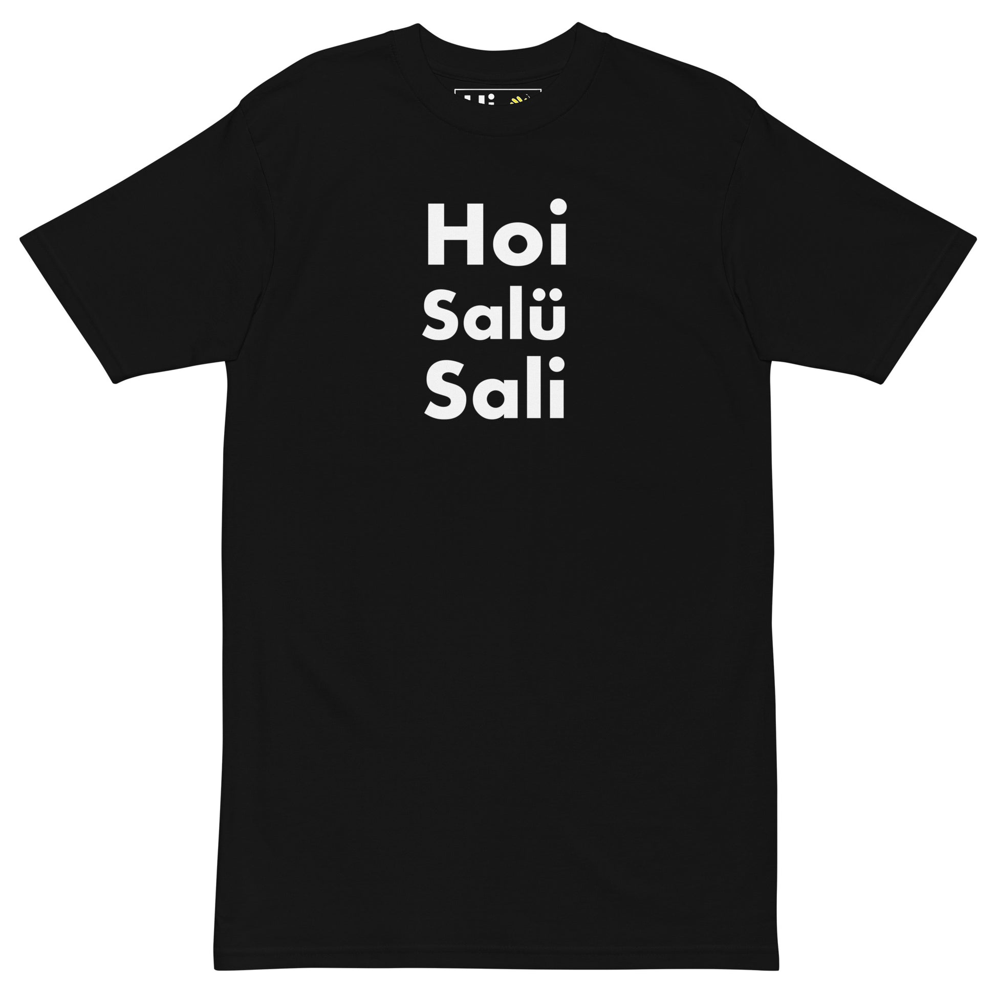 Hi Hoi Salü Sali Swiss German Greeting T shirt in black front