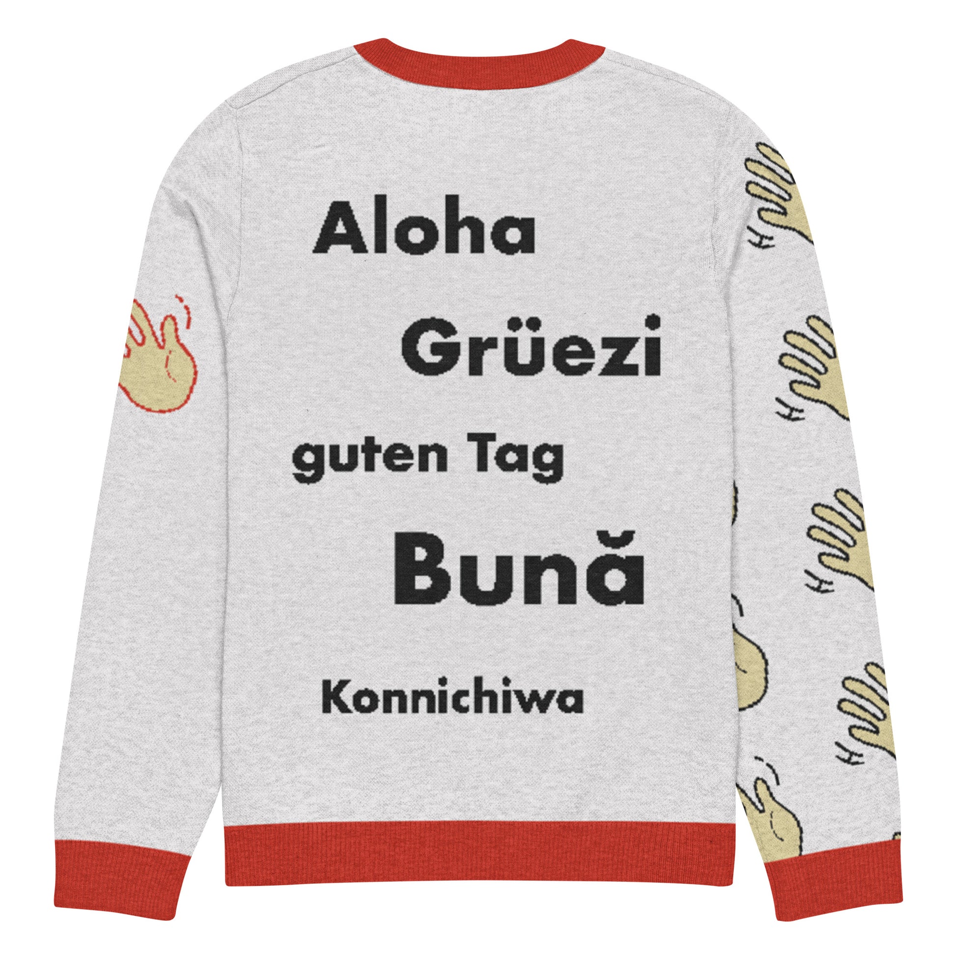 Hi Holiday Seasons Greetings Sweater back, Aloha, Gruezi, Guten Tag, Buna, Konnichiwa