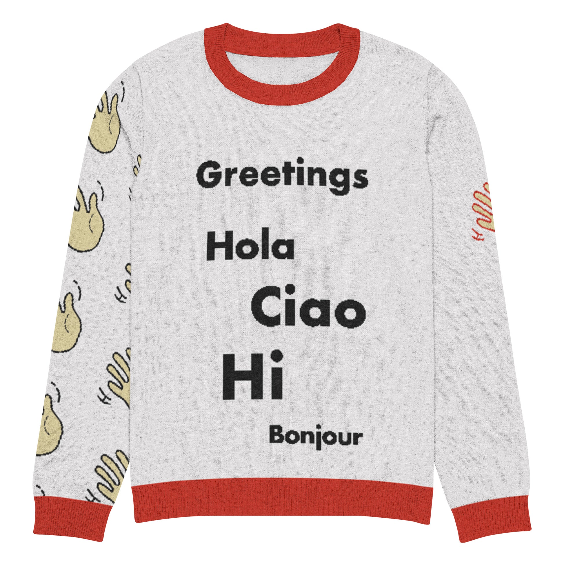 Hi Holiday Seasons Greetings Sweater front, Greetings, Hola, Ciao, Hi, Bonjour