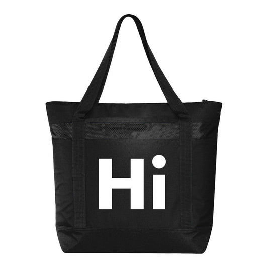 Black tote bag with 'Hi' printed on it against a white background