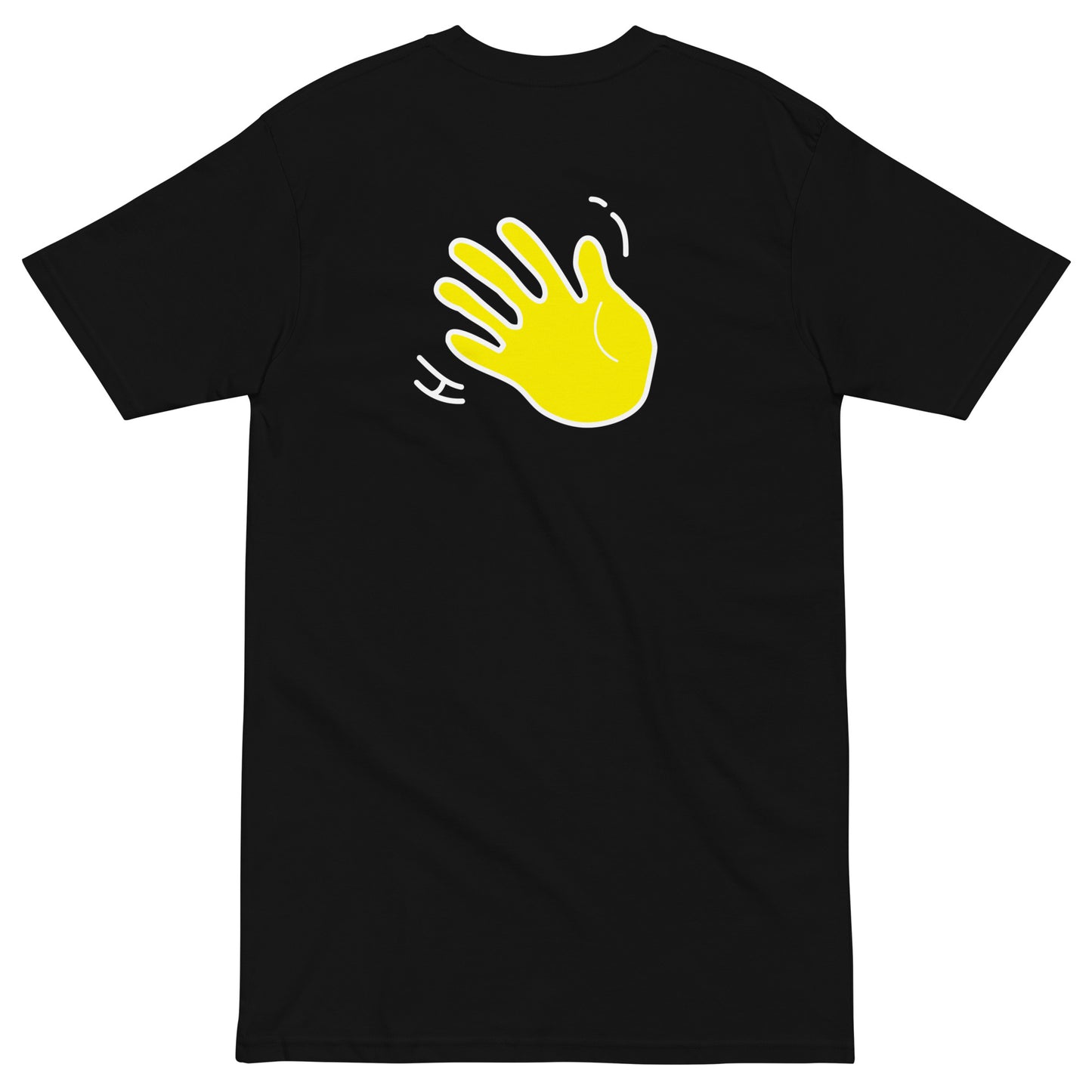 Hi Ni Hao Chinese Greeting T shirt in black back with Hi waving hand emoji