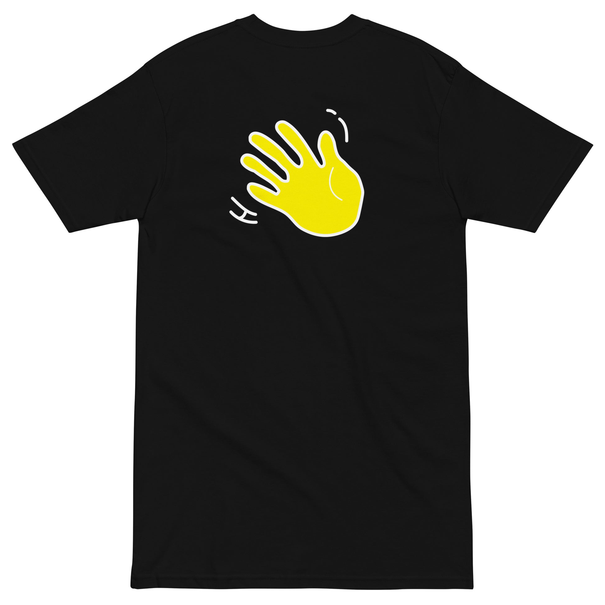 Hi Ni Hao Chinese Greeting T shirt in black back with Hi waving hand emoji