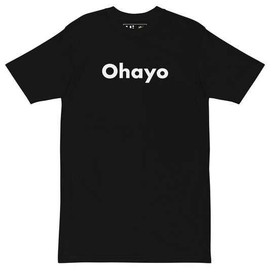 Hi Ohayo Japanese Greeting Good Morning T shirt in black front