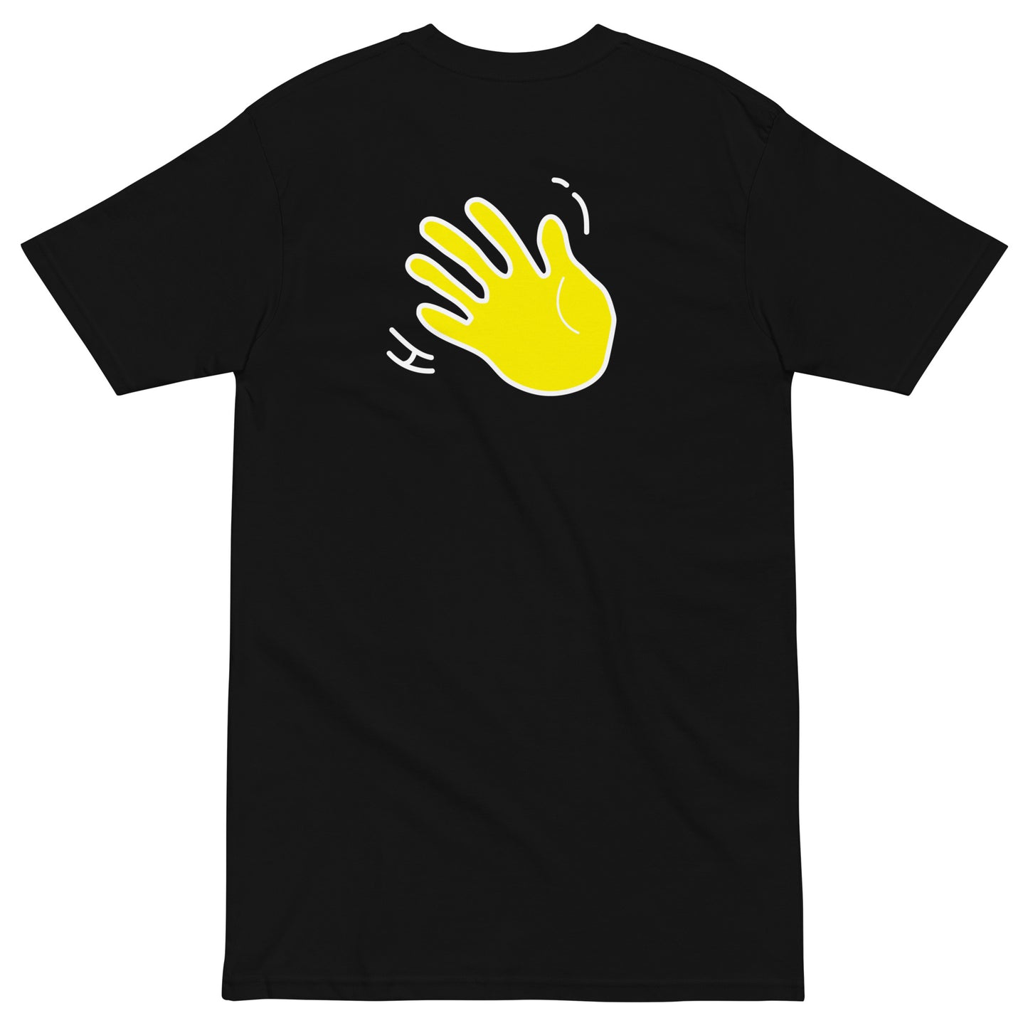Hi Oi Portuguese Greeting T shirt in black back detail with Hi waving hand emoji